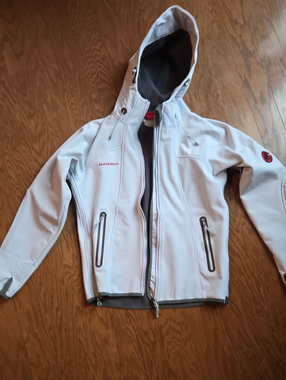 Mammut Light Gray Hooded Softshell with Red Logo Accents